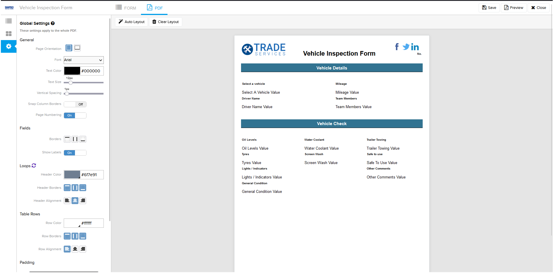 A screenshot of general settings in a PDF form.